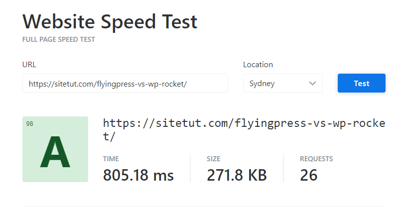 FlyingPress Speed Test with a KeyCDN Tool