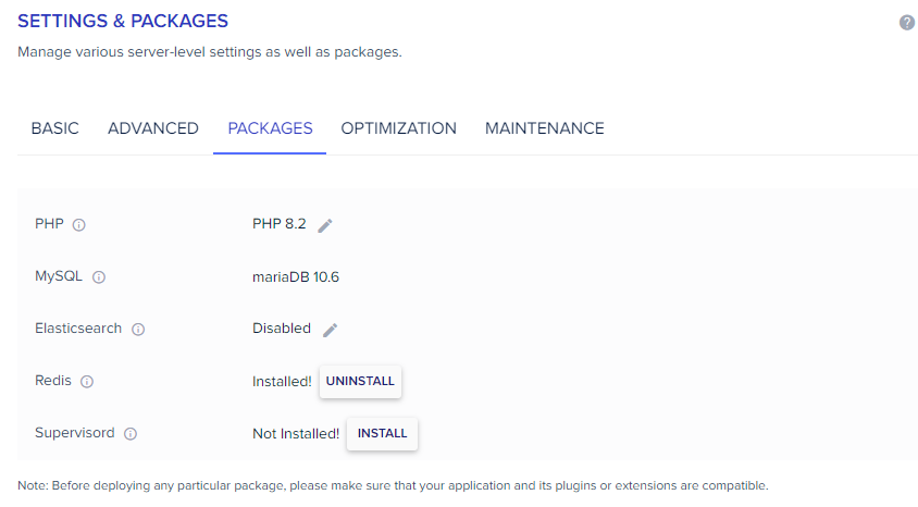 Cloudways settings and packages